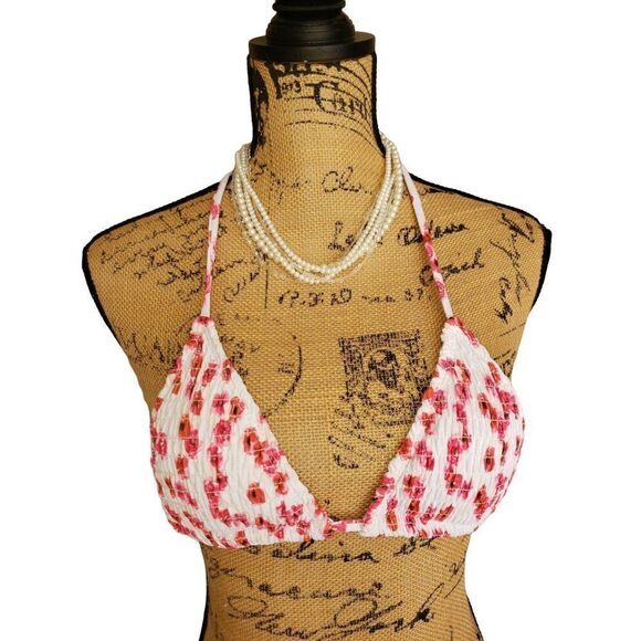 Girls Bikini Top Pink Floral Triangle Strappy Padded Swim Top Large - Picture 6 of 7